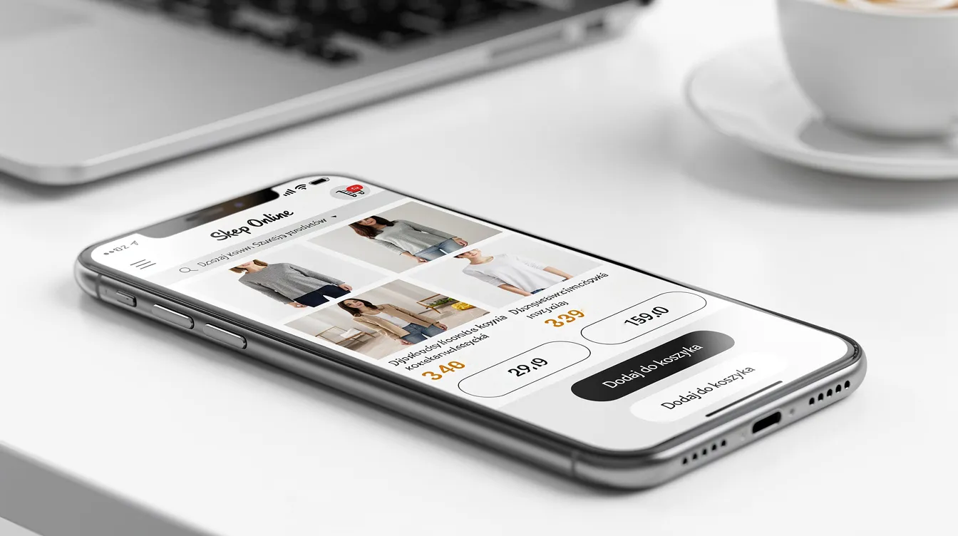 Na obrazku widoczny jest smartfon, na którym wyświetla się responsywny sklep internetowy z różnorodnymi produktami oraz ikoną koszyka. Interfejs sklepu prezentuje profesjonalny projekt, który umożliwia łatwe przeglądanie produktów i korzystanie z funkcjonalności, takich jak systemy płatności online.