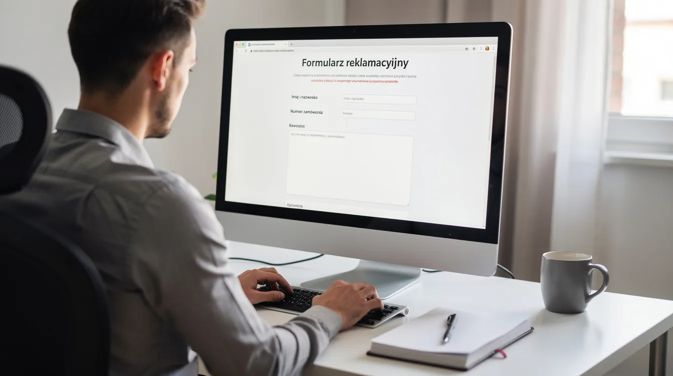 Na zdjęciu widoczny jest klient siedzący przy komputerze, który wypełnia formularz reklamacyjny na stronie internetowego sklepu. W tle można dostrzec elementy biurowe, a na ekranie komputera wyświetla się formularz dotyczący zgłoszenia wady fizycznej towaru oraz praw konsumenta związanych z rękojmią.