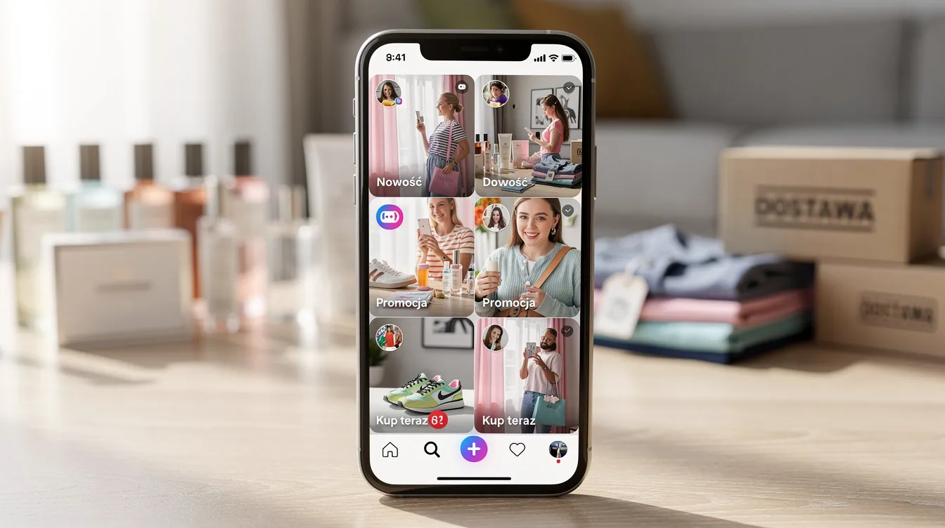 Na obrazku widoczny jest smartfon, który wyświetla feed w mediach społecznościowych z różnymi produktami zakupowymi, a w tle znajdują się elementy związane z e-commerce, sugerujące sposób, w jaki właściciele sklepów internetowych mogą dotrzeć do potencjalnych klientów. Obrazek ilustruje, jak można wykorzystać media społecznościowe do promocji własnego sklepu internetowego w modelu dropshipping.