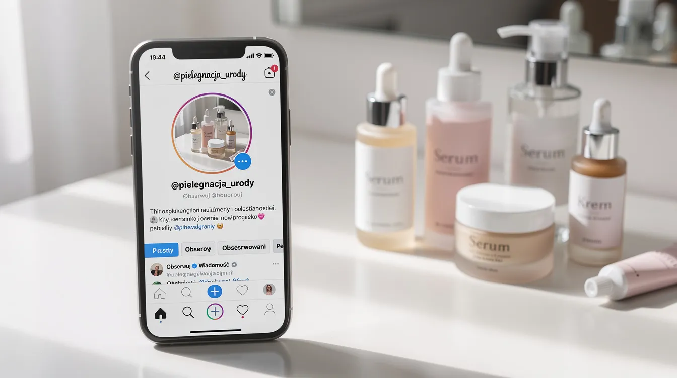 Na zdjęciu znajduje się smartfon wyświetlający profil na Instagramie, na którym promowane są kosmetyki, obok leżą różne produkty do pielęgnacji skóry. Zobacz, jak można wykorzystać media społecznościowe do promocji własnego sklepu internetowego z kosmetykami.