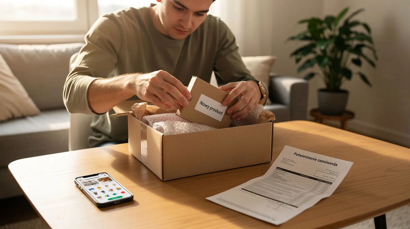 Na obrazku widzimy osobę rozpakowującą przesyłkę z zamówionym online produktem. Sprawdza ona zawartość paczki, co może wiązać się z odpowiedzialnością sprzedawcy za zgodność towaru z umową oraz ewentualnymi reklamacjami w przypadku stwierdzenia wad fizycznych.
