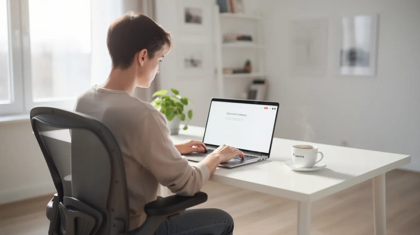 Na obrazie widoczna jest osoba pracująca na laptopie w nowoczesnym, jasnym biurze domowym, obok której stoi filiżanka kawy. Pracuje ona nad założeniem własnego sklepu internetowego w modelu dropshipping, co sugeruje atmosfera skupienia i kreatywności.