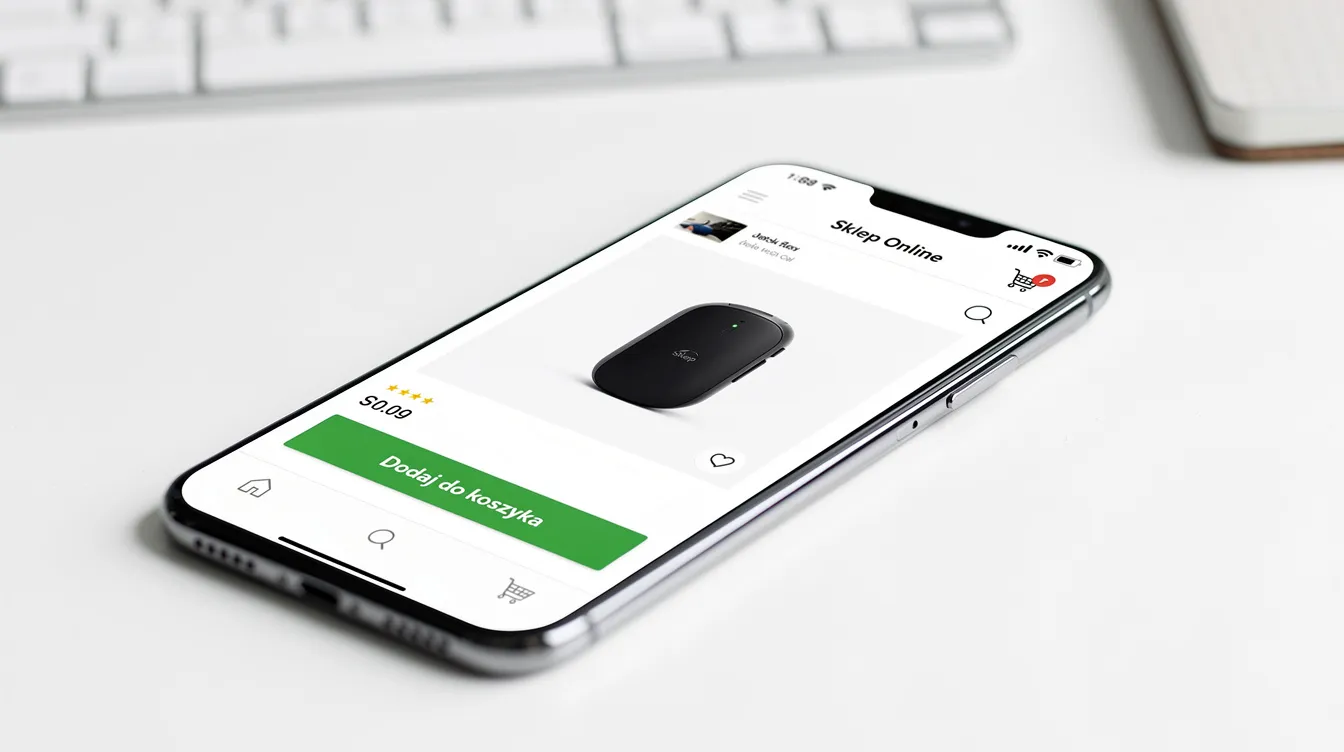 Smartfon, na którym wyświetla się strona produktowa sklepu internetowego. Strona zawiera duże zdjęcie produktu oraz przycisk dodaj do koszyka, i zachęca do skorzystania z płatności online.
