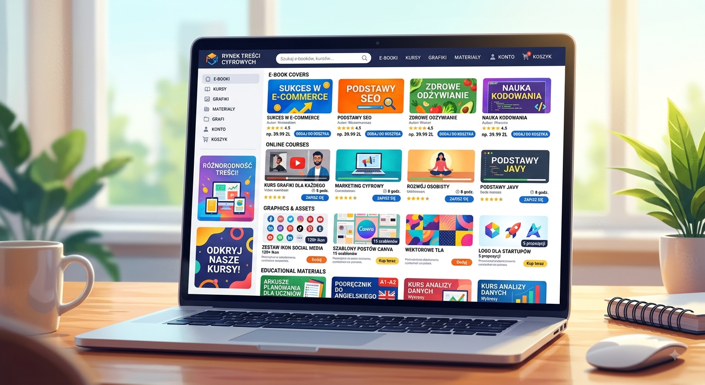 Na kolorowym ekranie komputera wyświetlają się różne produkty cyfrowe, takie jak okładki e-booków, ikony i grafiki, które mogą być sprzedawane w sklepie internetowym. Obrazek ilustruje różnorodność treści cyfrowych, w tym kursów online i materiałów edukacyjnych, dostępnych dla klientów indywidualnych.