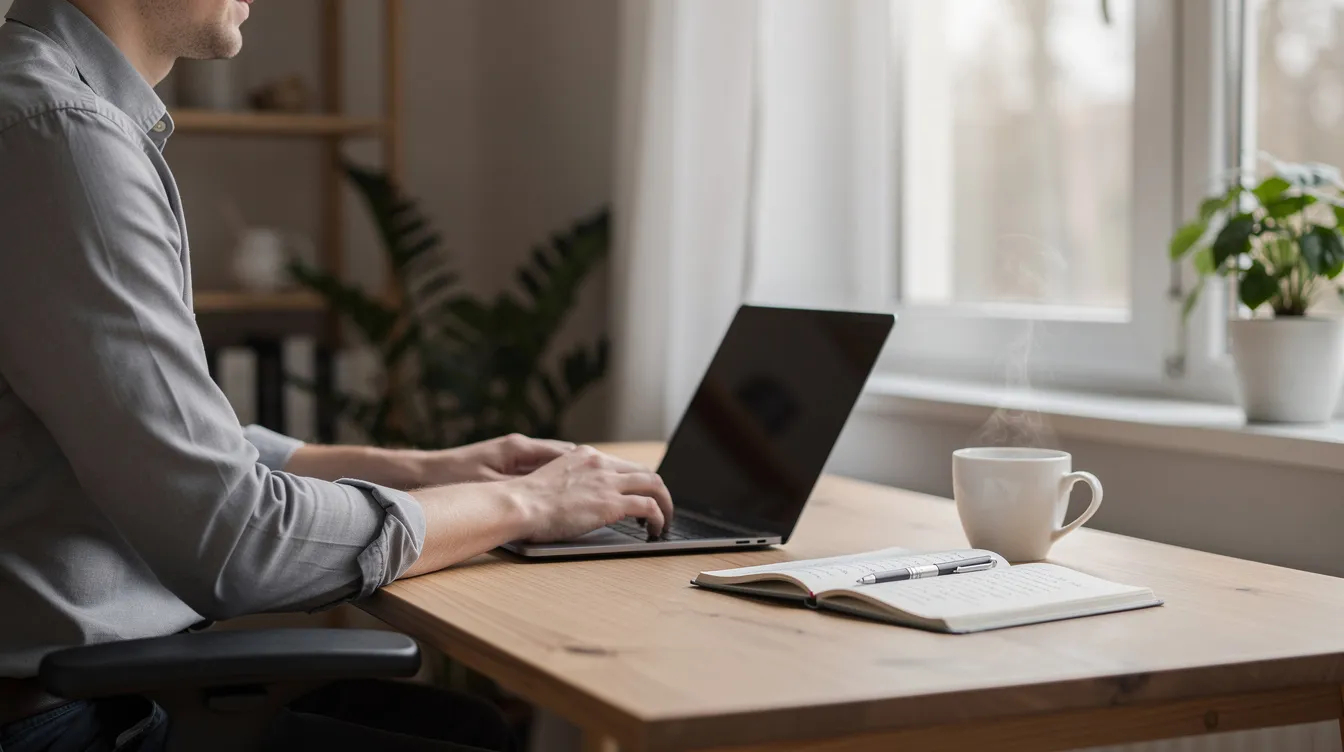Na obrazku widoczna jest osoba pracująca przy nowoczesnym laptopie w biurze domowym, obok której znajduje się filiżanka kawy oraz notatnik. Scena odzwierciedla komfortowe warunki do pracy zdalnej, idealne dla osób zajmujących się sprzedażą produktów cyfrowych lub prowadzeniem kursów online.