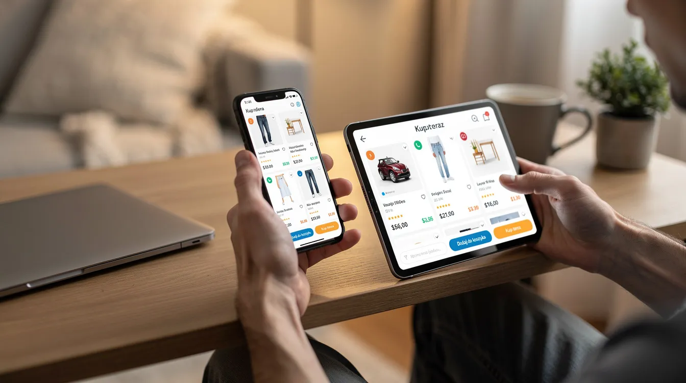 Widać osobę, która jednocześnie sprawdza stronę sklepu internetowego na tablecie i smartfonie, co ilustruje nowoczesne podejście do e-commerce i konfiguracji sklepów internetowych. Użytkownik zwraca uwagę na wygląd sklepu oraz proces zakupowy, co wskazuje na dbałość o doświadczenia użytkowników i satysfakcję klientów.