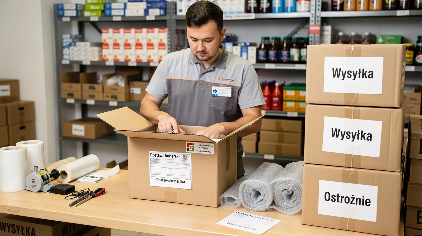 Na obrazku widać pracownika sklepu, który starannie pakuje produkt do wysyłki kurierskiej, dbając o jego odpowiednie zabezpieczenie. W kontekście odpowiedzialności sprzedawcy, ważne jest, aby towar był wolny od wad i zgodny z umową sprzedaży.